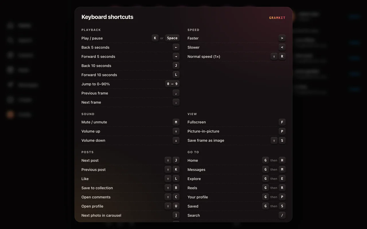 Keyboard shortcut overlay listing every key