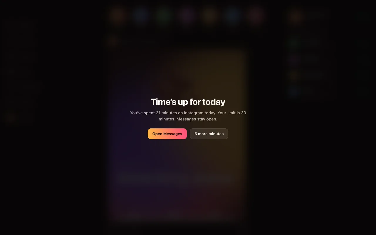 Daily limit card covering the feed with a 5 more minutes button