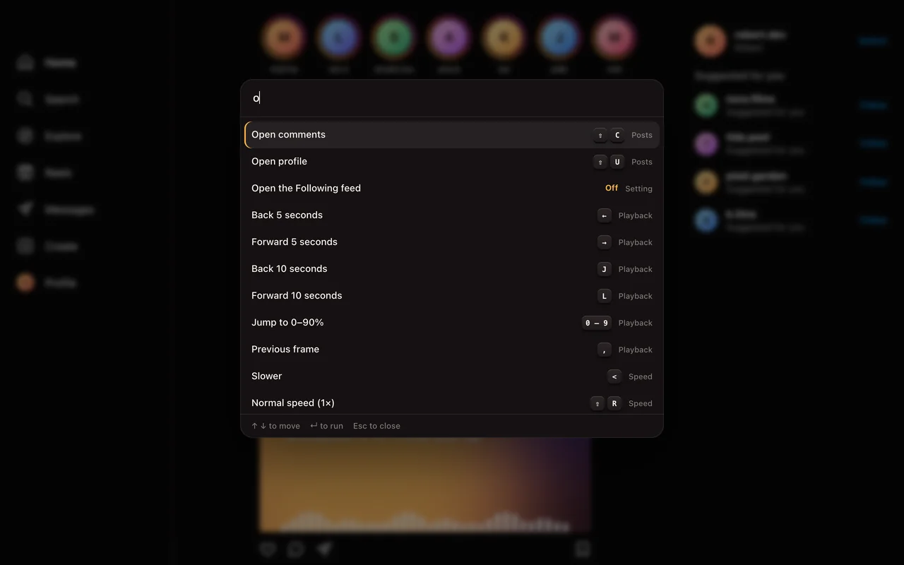 Command palette open over the feed with actions and recent profiles
